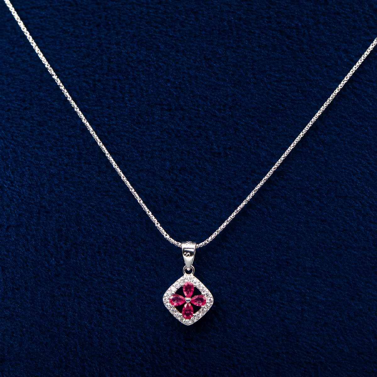 Silver Pink Four-Petal Floral Pendant Set