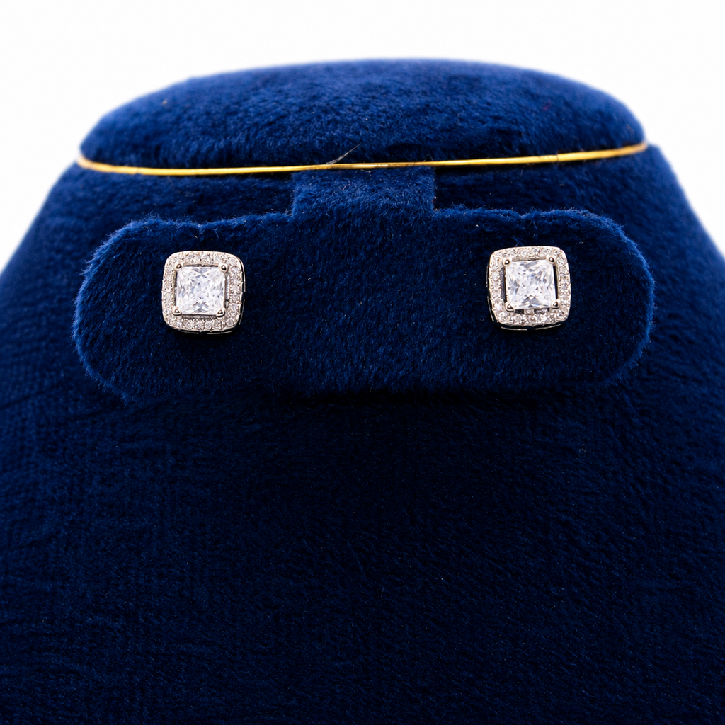 Silver Square Halo Pendant Set