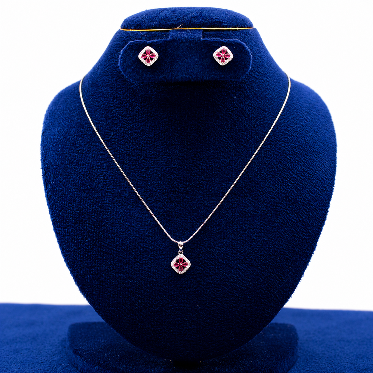 Silver Pink Four-Petal Floral Pendant Set