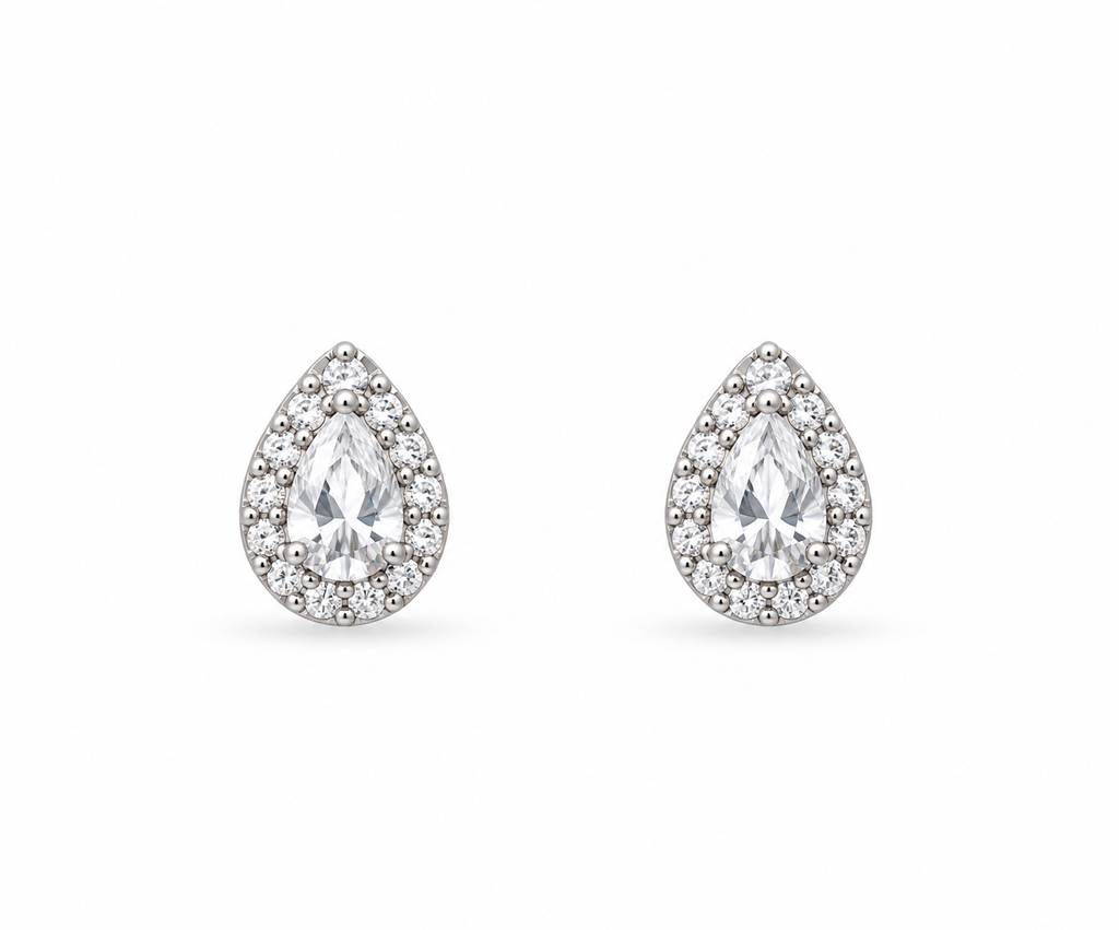 Silver Celeste Teardrop Halo Crystal Stud Earrings