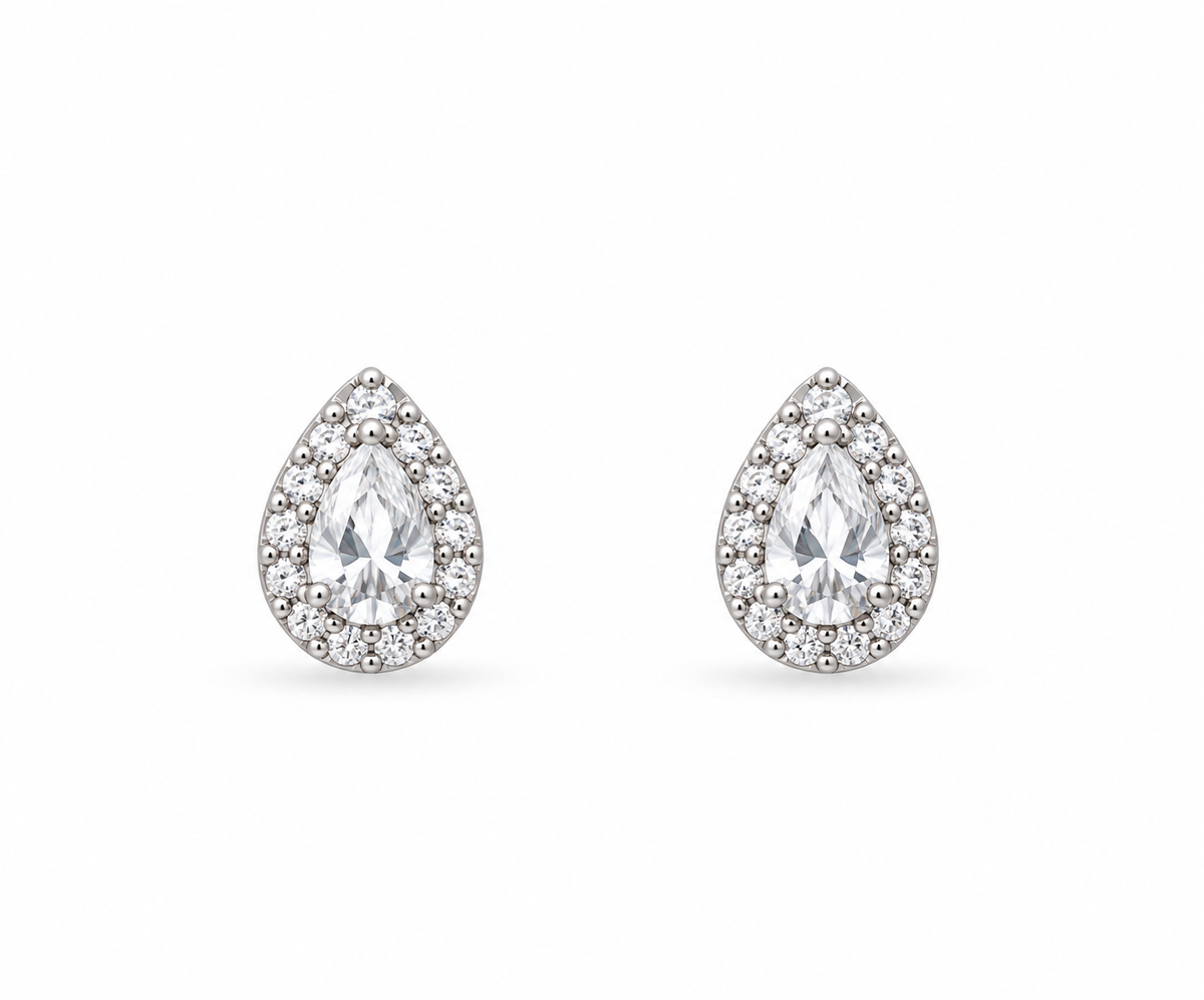 Silver Celeste Teardrop Halo Crystal Stud Earrings