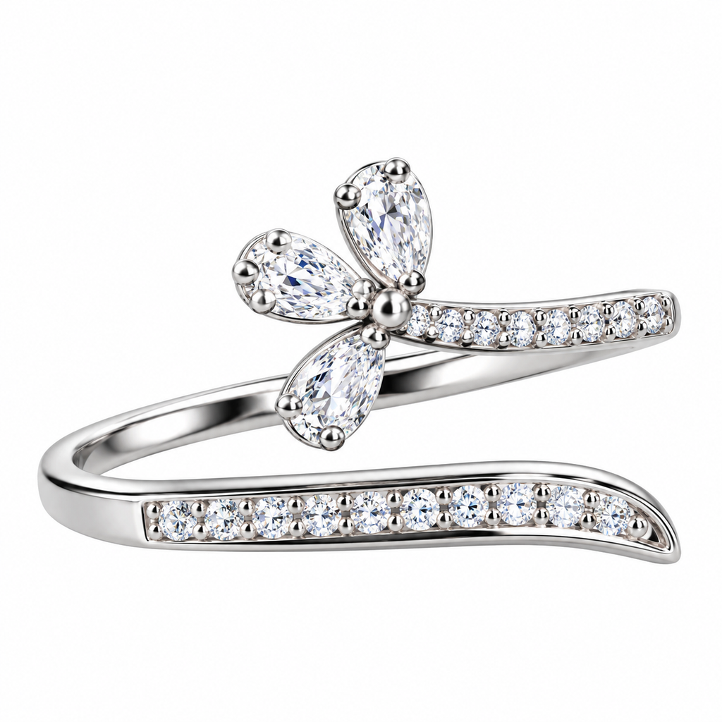 Silver Four-Petal Crystal Ring