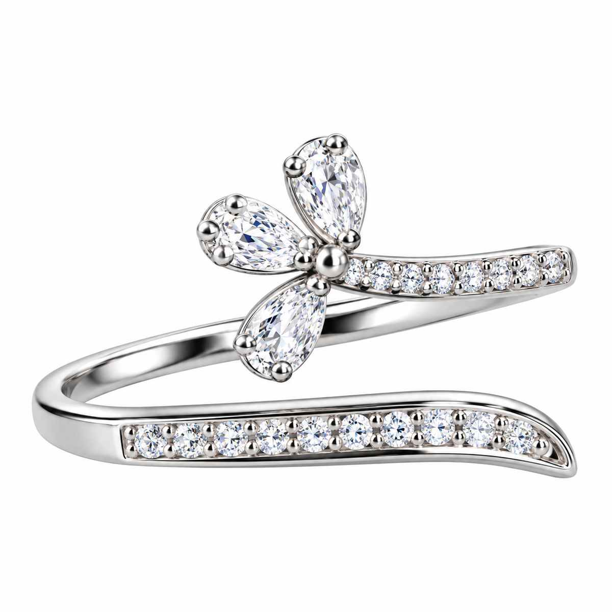 Silver Four-Petal Crystal Ring