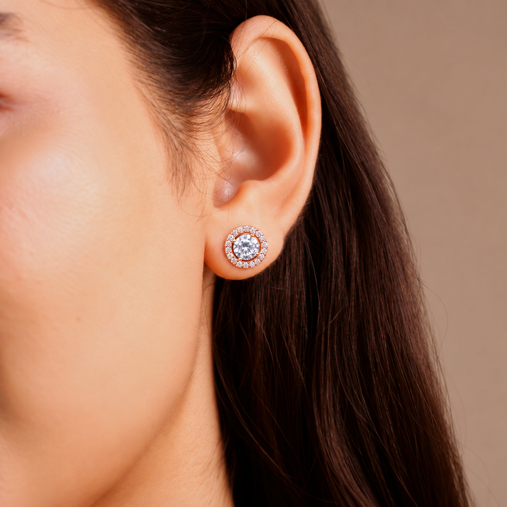 Rose Gold Halo Solitaire Earrings
