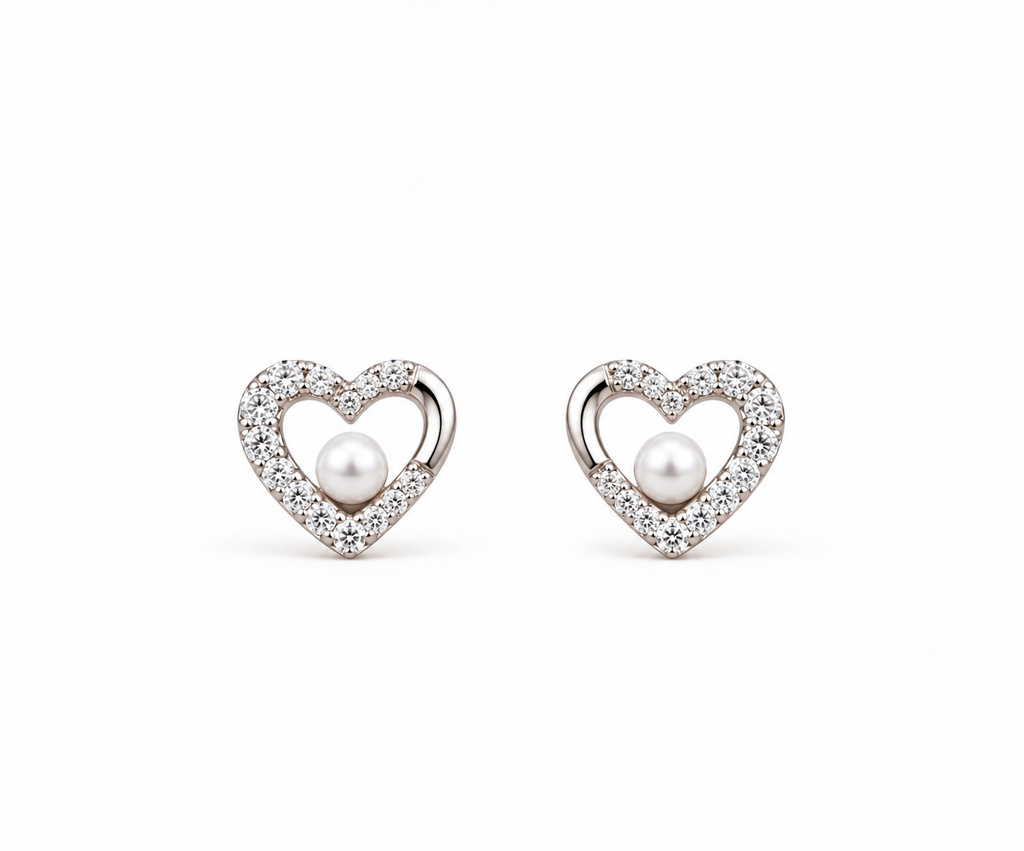 Silver Celeste Heart Pearl Stud Earrings