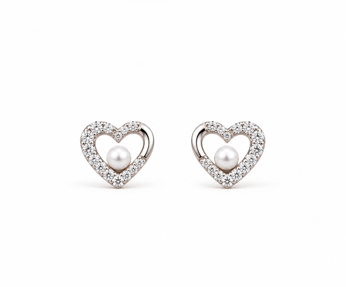 Silver Celeste Heart Pearl Stud Earrings