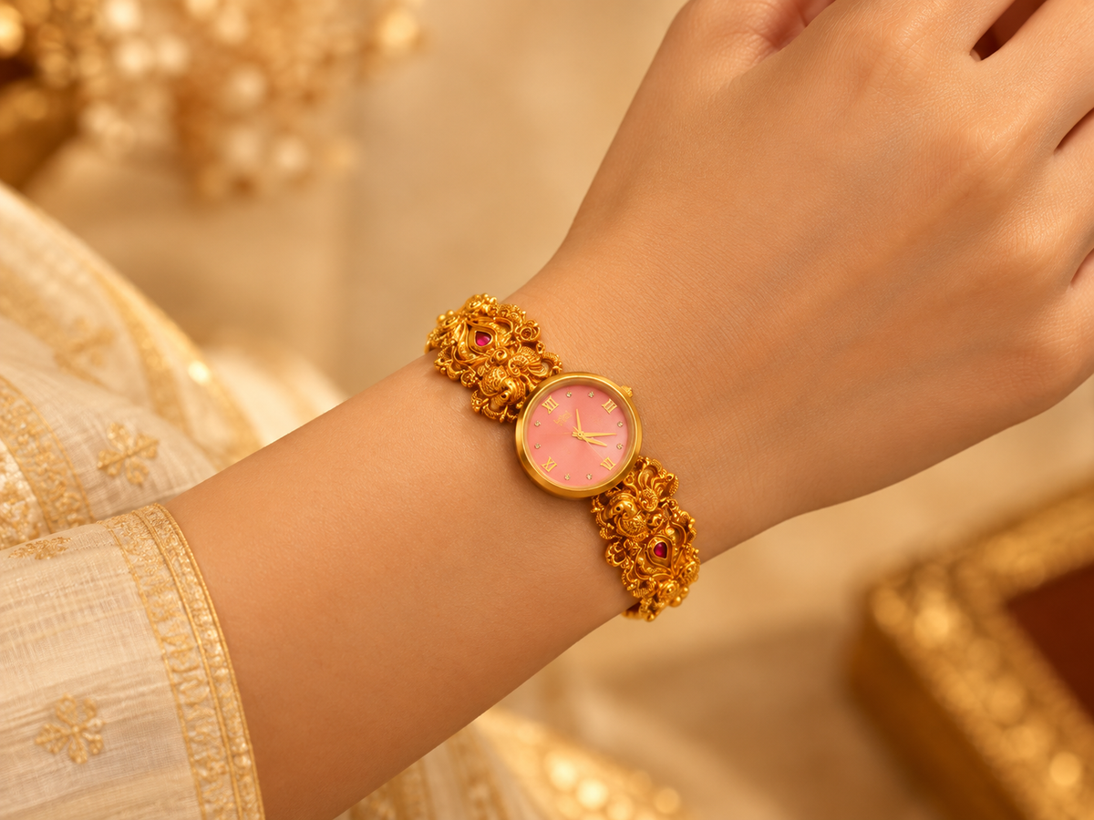 Raga Titan Royal Peacock Gold-Tone Bracelet Watch – Pink Dial