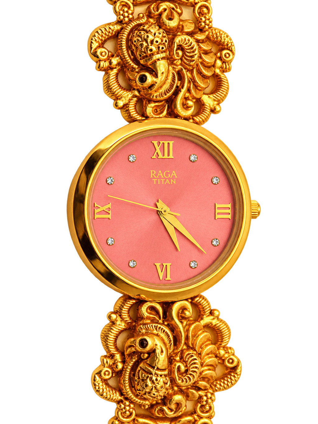 Raga Titan Royal Peacock Gold-Tone Bracelet Watch – Pink Dial