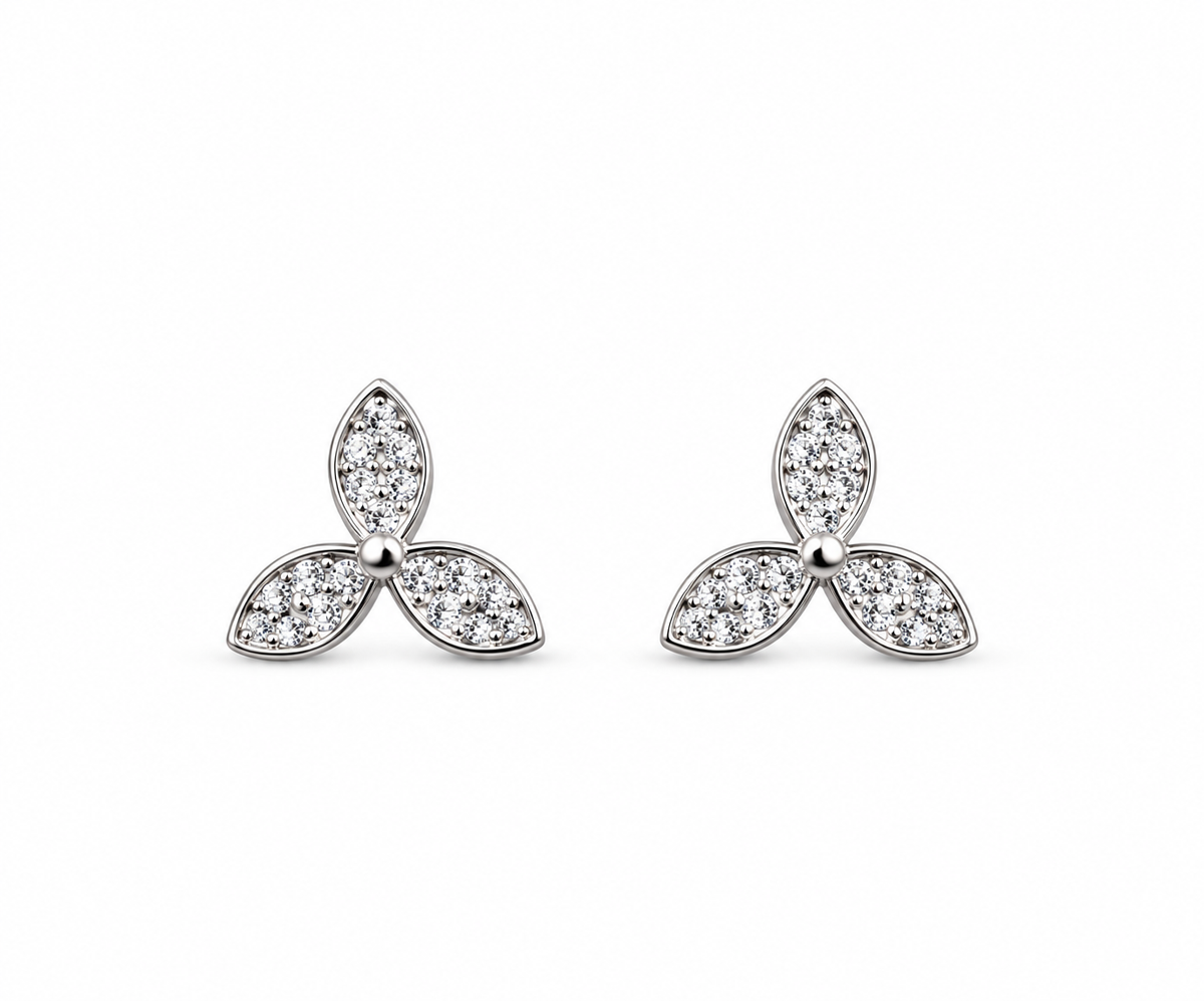 Silver Fiora Three-Petal Crystal Stud Earrings