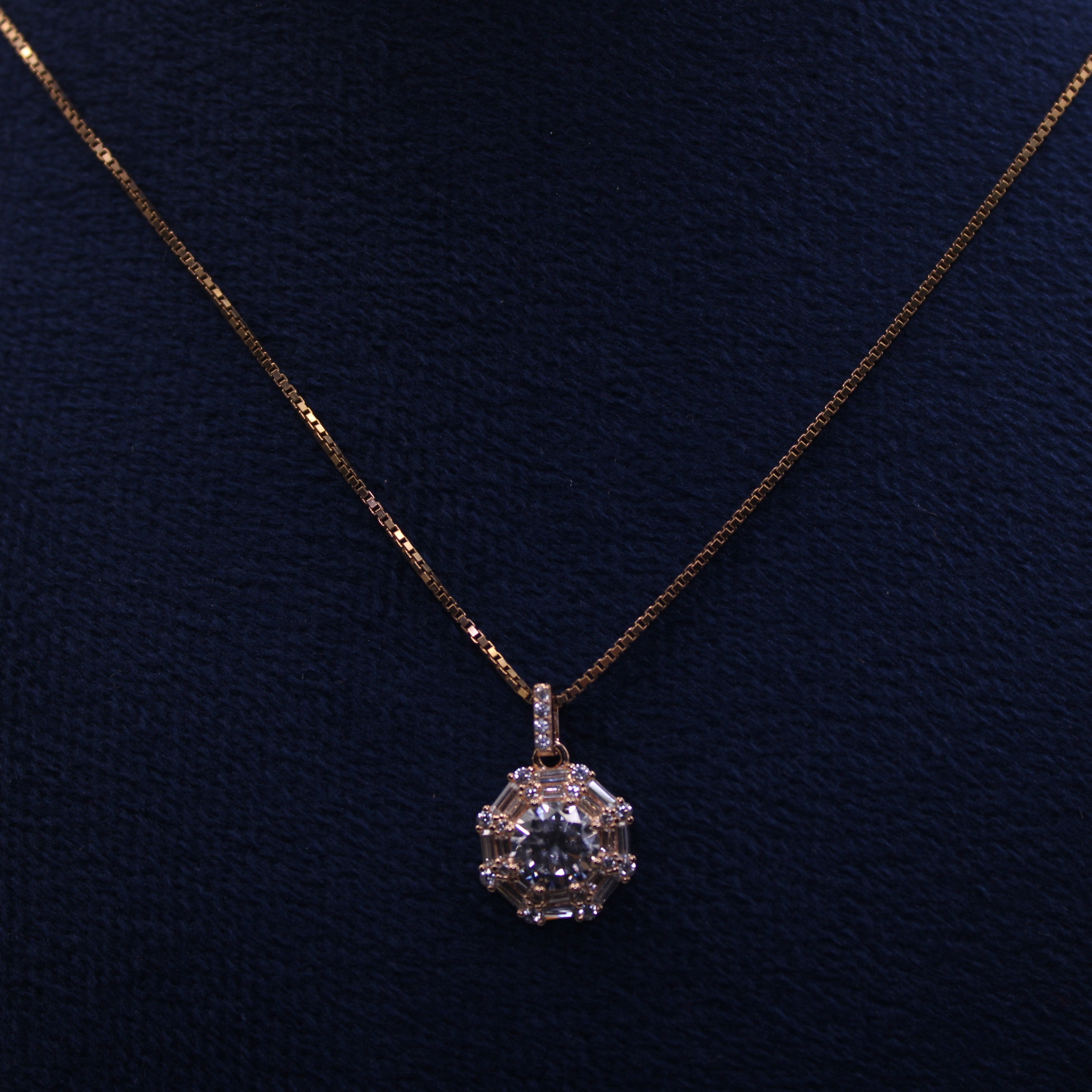 Rose Gold Baguette Halo Pendant Set