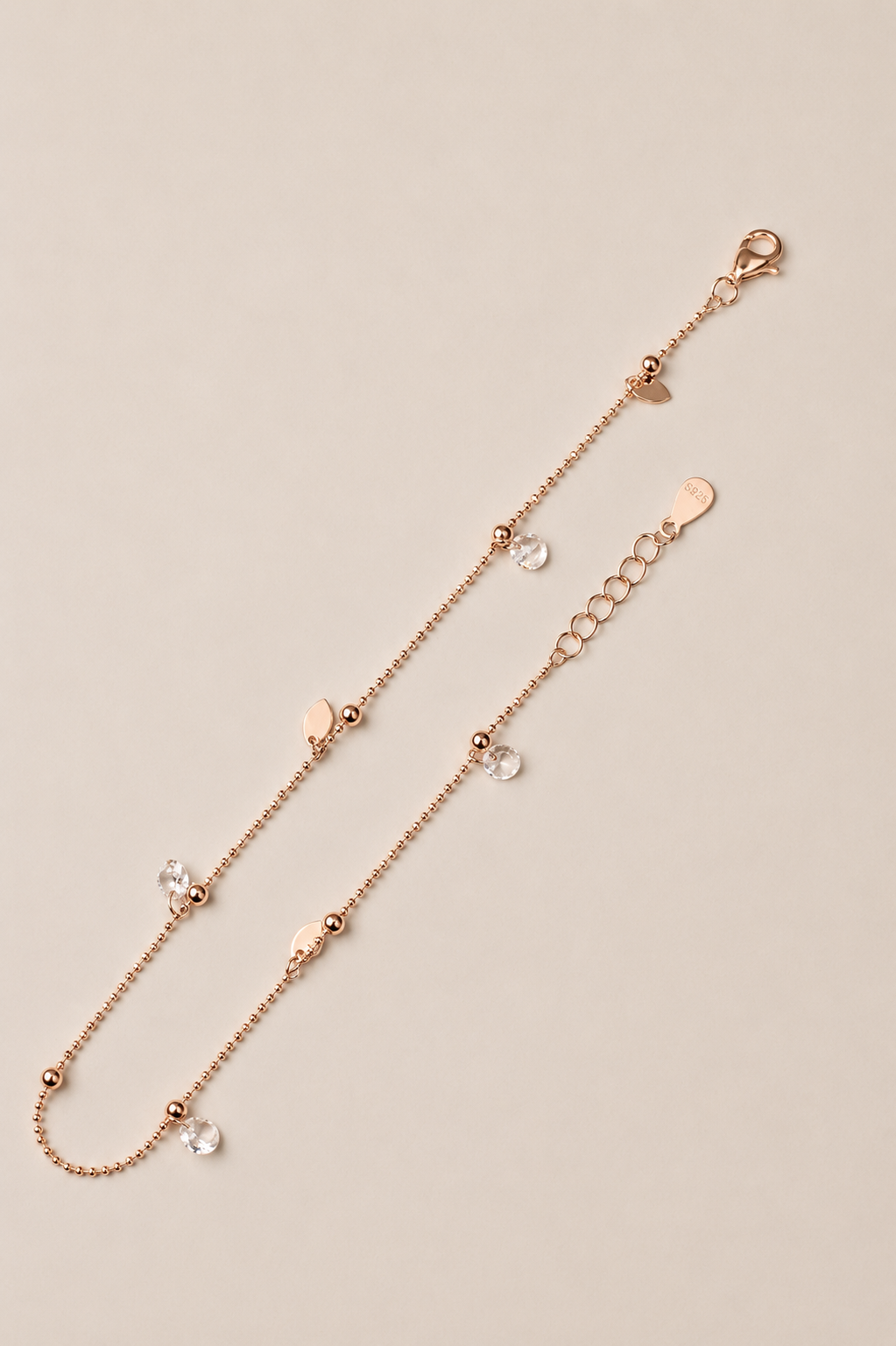 Rose Gold Fiora Leaf & Crystal Anklet