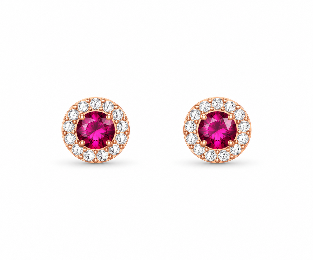 Rose Gold Celeste Ruby Halo Stud Earrings