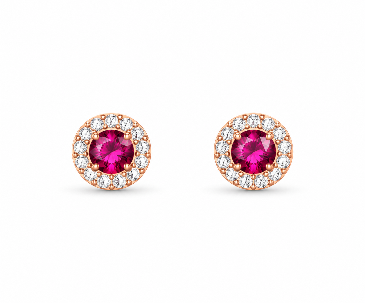 Rose Gold Celeste Ruby Halo Stud Earrings