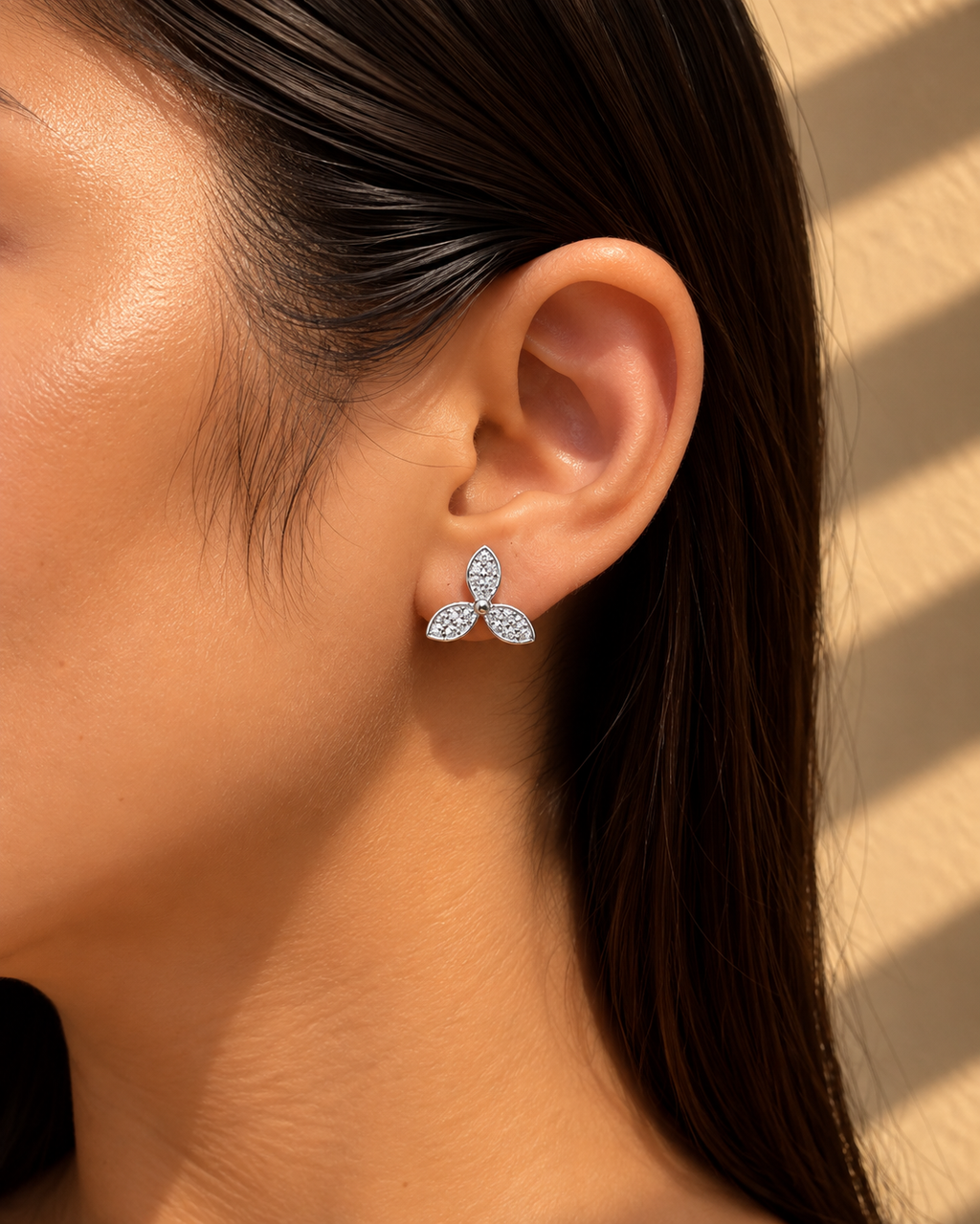 Silver Fiora Three-Petal Crystal Stud Earrings