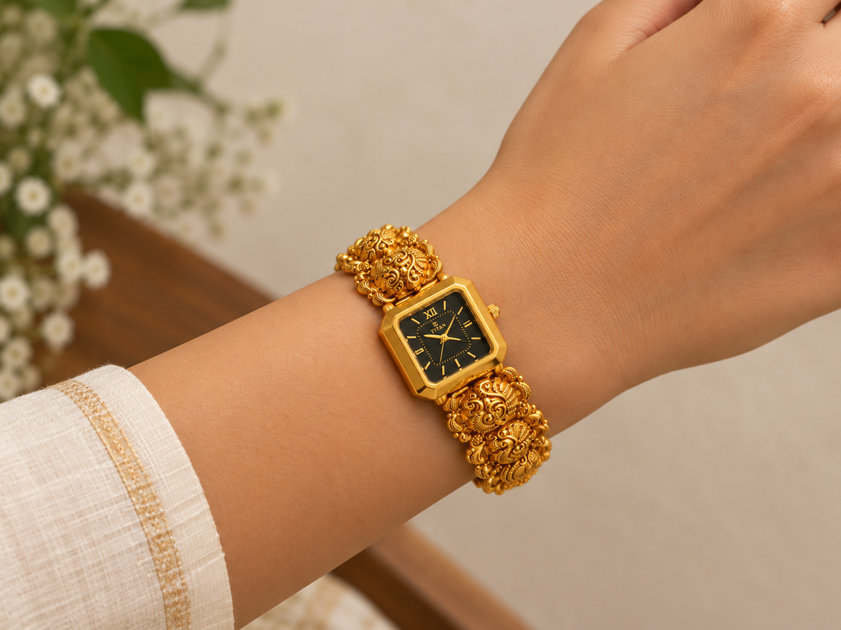 Viha Quartz Noir Royale Ornate Gold-Tone Watch