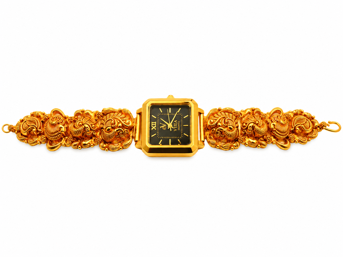 Viha Quartz Noir Royale Ornate Gold-Tone Watch