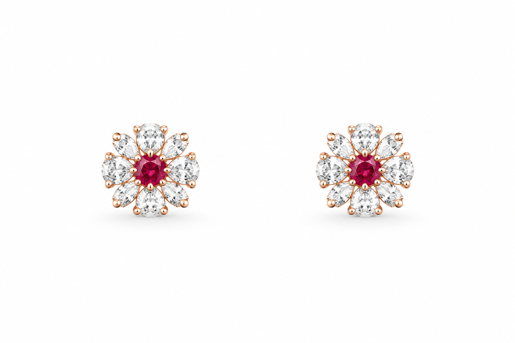 Rose Gold Celeste Ruby Bloom Stud Earrings