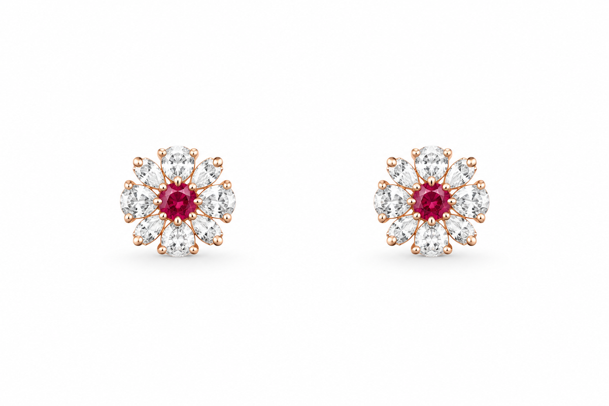 Rose Gold Celeste Ruby Bloom Stud Earrings