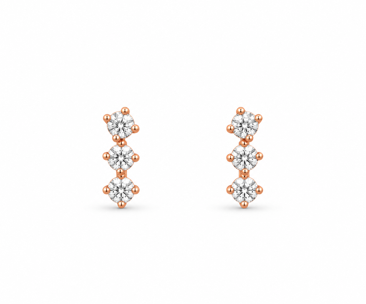 Rose Gold Elara Triple-Stone Stud Earrings